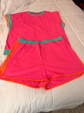 Neon Pink Lounge Set with Teal & Orange Trim